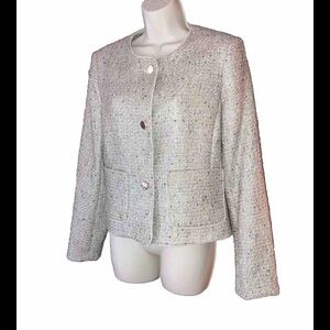 Calvin Klein Tweed Short Blazer Jacket Women’s Gold Buttons Tan Silver Black 10